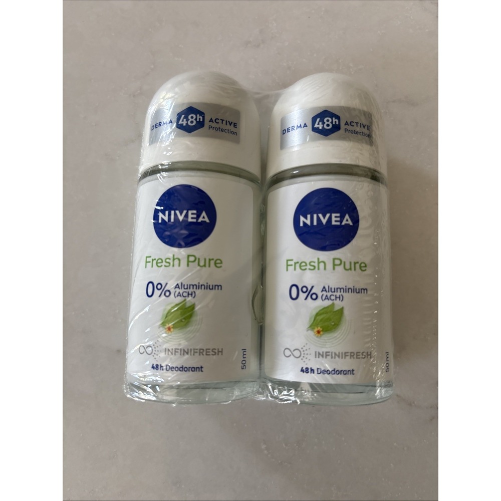 2X 50mL Nivea Fresh Pure Deodorant Roller 48H Roll On 0% Aluminium Glass Bottles